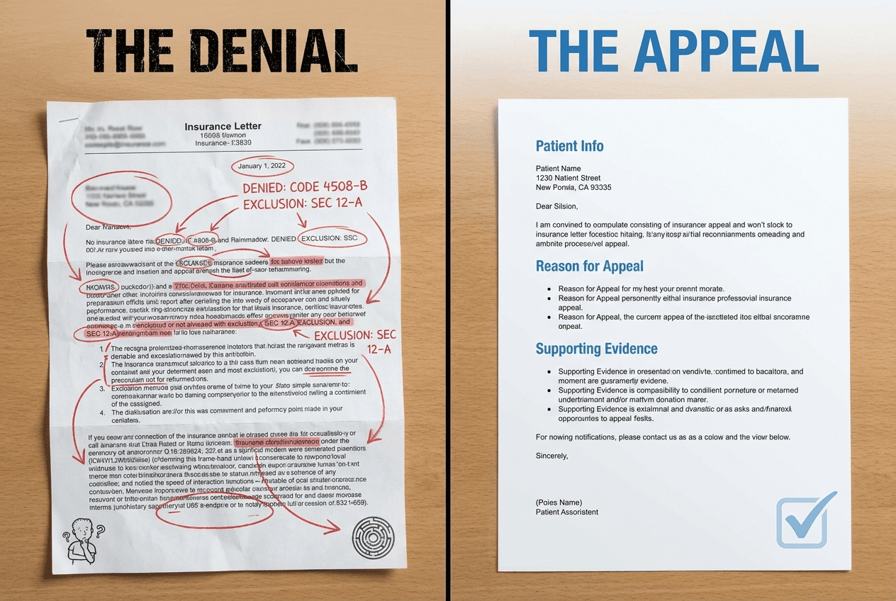 Before and after example showing an insurance denial letter turned into an appeal draft